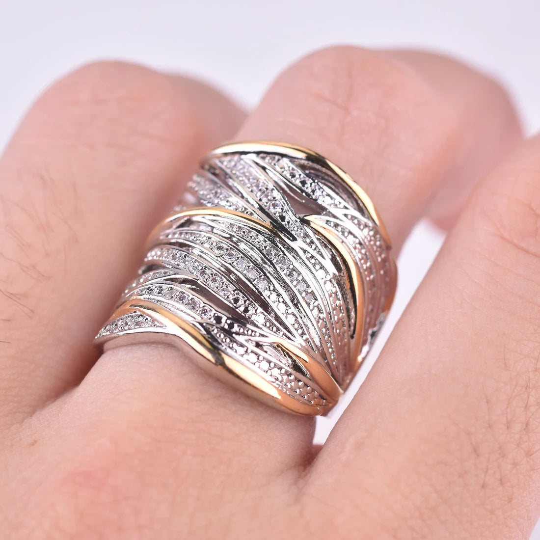 Multi-layer Gold Two-Tone Ring with Rhinestones