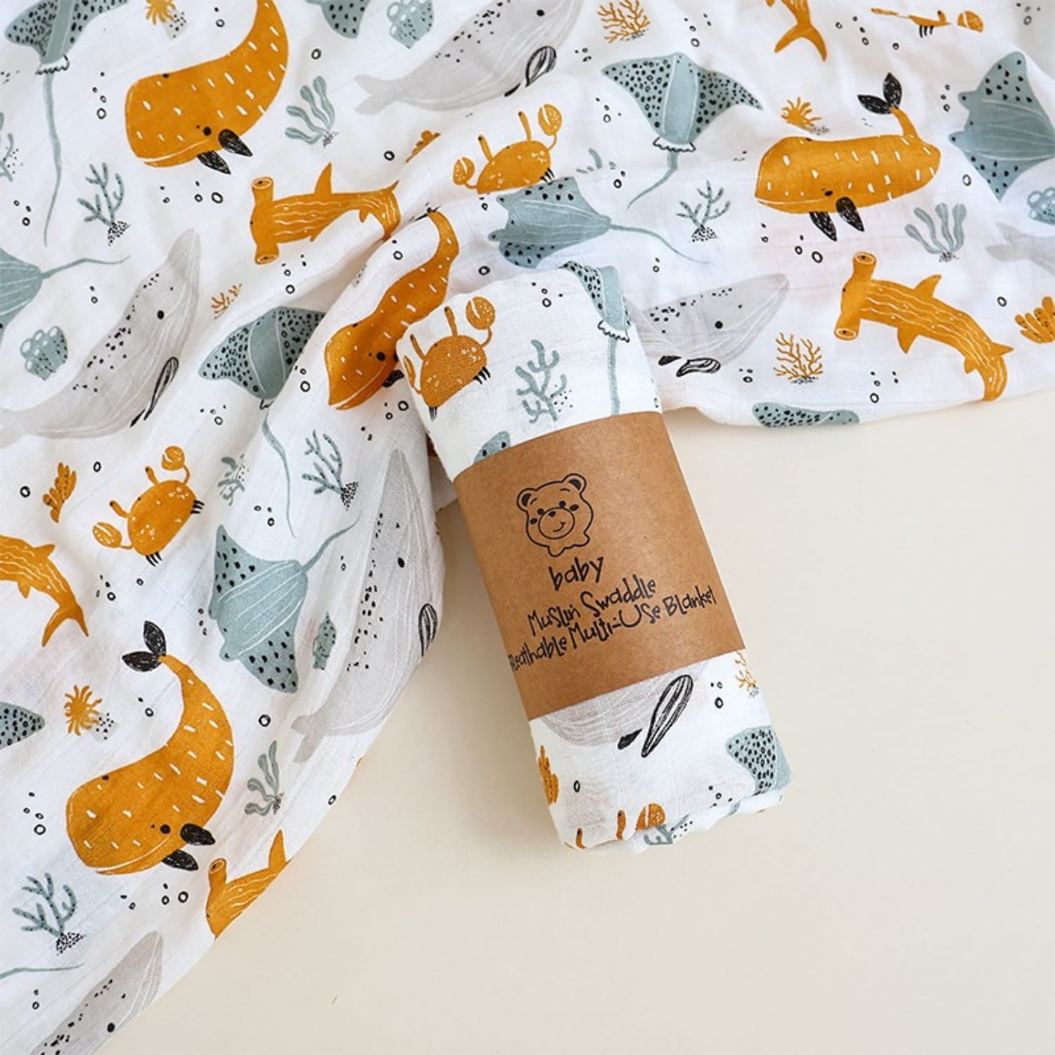 Ocean Whispers Muslin Cotton Swaddle Sea Life Comfort Collection (110x120cm)