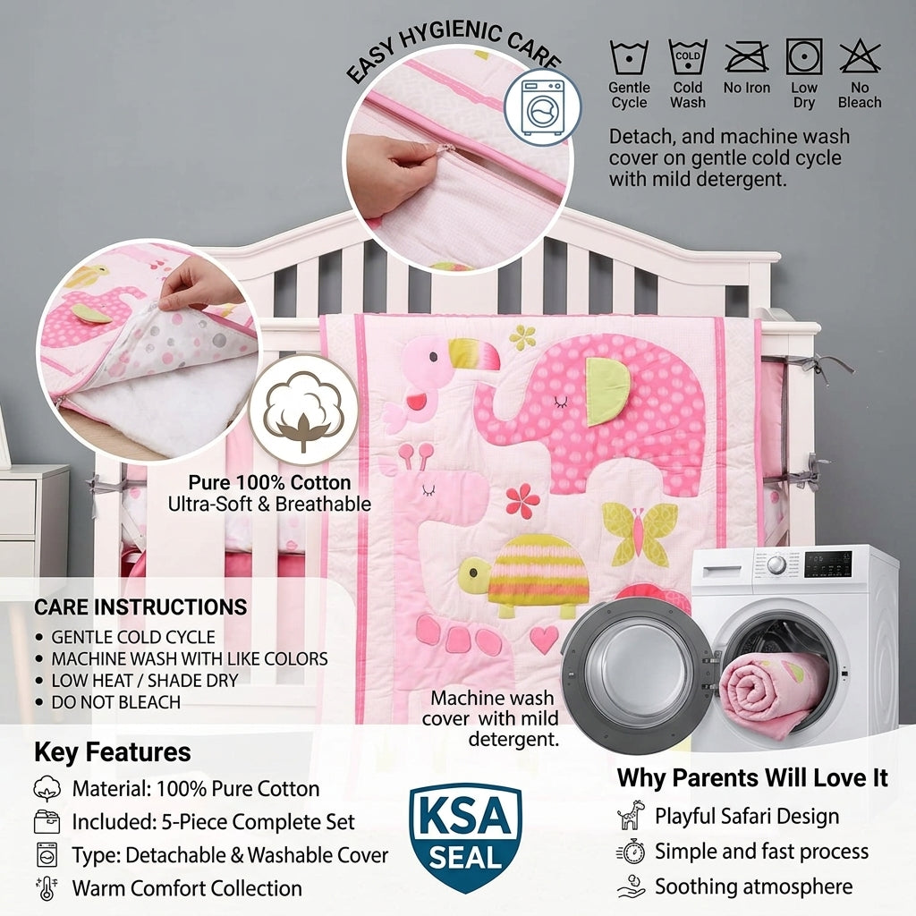 Pink Safari 5-Piece Baby Crib Bedding Set – 100% Cotton