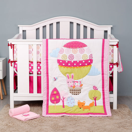 Pink Hot Air Balloon 5-Piece Baby Crib Bedding Set | 100% Cotton Comfort Collection