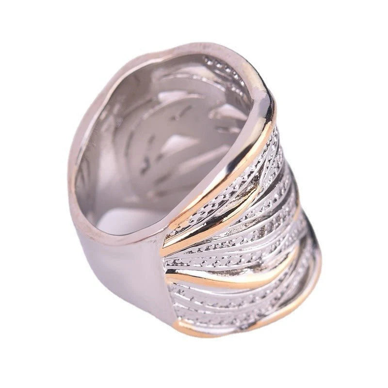 Multi-layer Gold Two-Tone Ring with Rhinestones