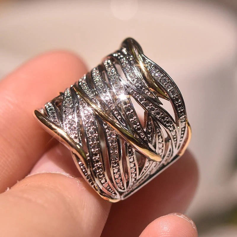 Multi-layer Gold Two-Tone Ring with Rhinestones
