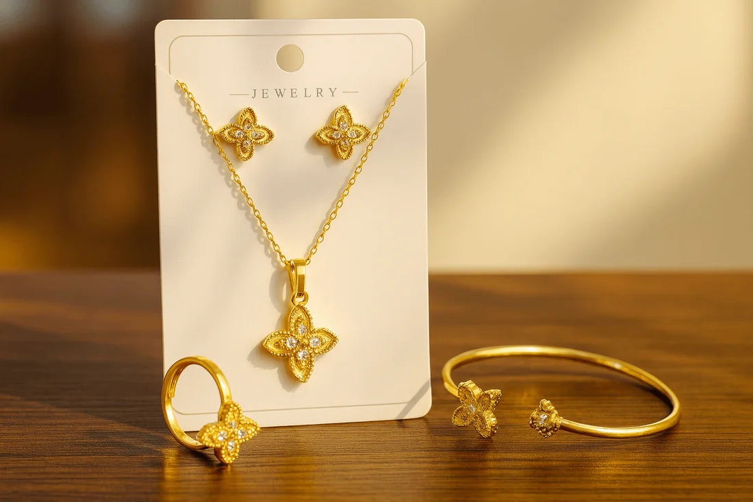Gold Plated Four-Leaf Clover Jewelry Set - Lucky Charm