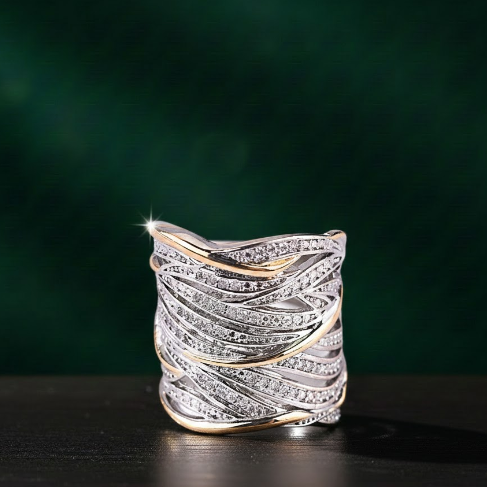 Multi-layer Gold Two-Tone Ring with Rhinestones