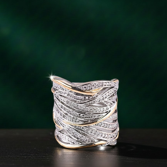 Multi-layer Gold Two-Tone Ring with Rhinestones