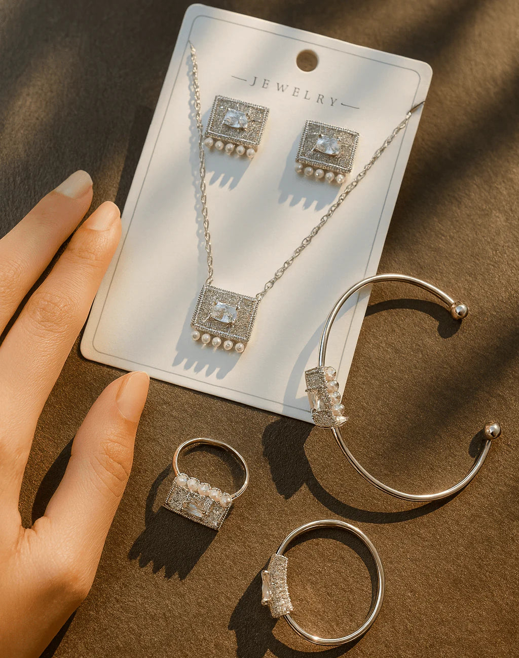 Silver Crystal and Pearl Jewelry Set - Elegant Women's Set