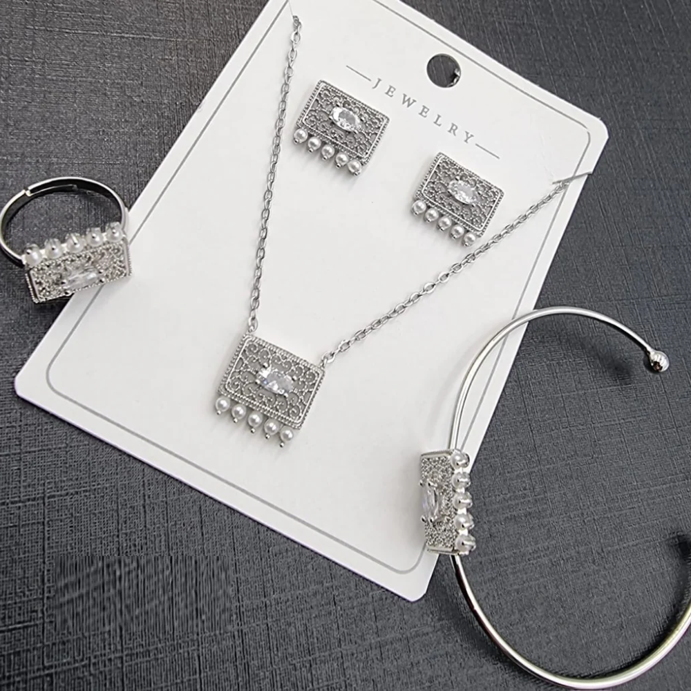 Silver Crystal and Pearl Jewelry Set - Elegant Women's Set
